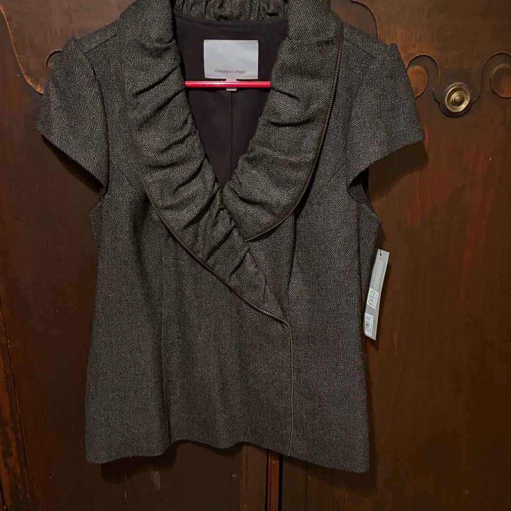 Classiques Entier Metallic Charcoal Ruffle Collar Cap-Sleeve Blouse size L